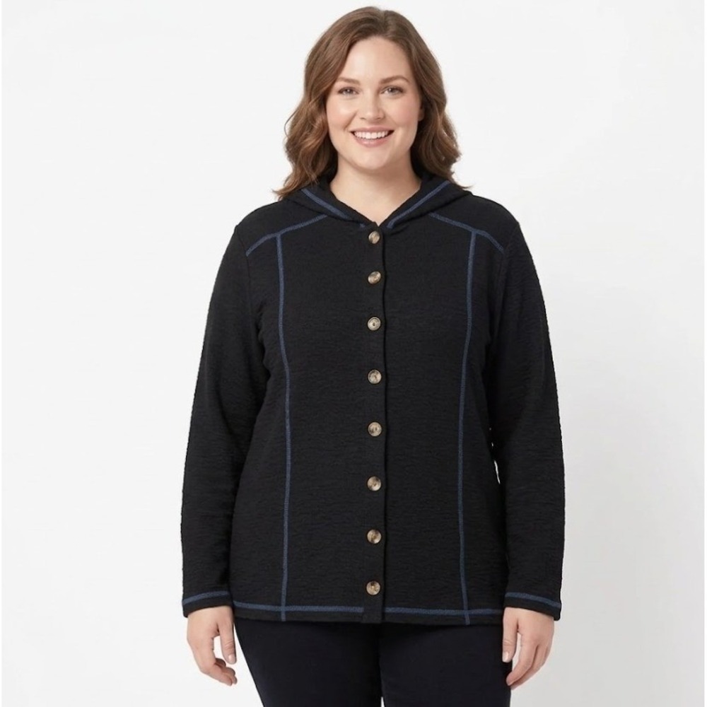 Snoskins size XXL Black Blue Trim Crinkle Textured Button Stretch Hooded Top